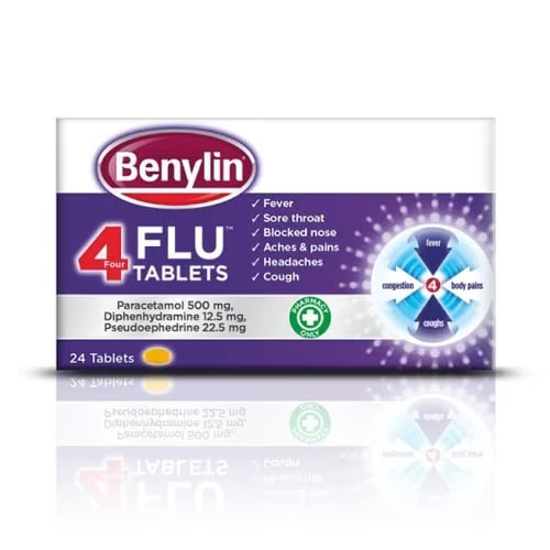 Benylin 4 Flu Tablets Paracetamol, Diphenhydramine & Pseudoephedrine - 24 Tablets