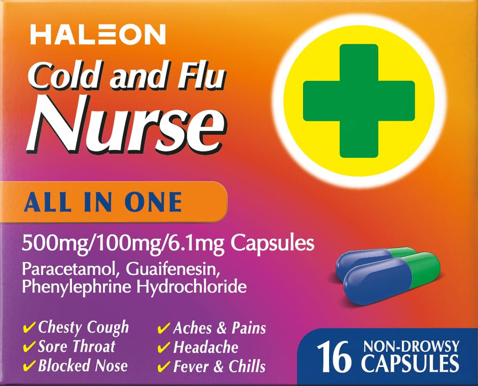 Cold and Flu Nurse All in One Capsules Paracetamol, Guaifenesin & Phenylephrine - 16 Capsules