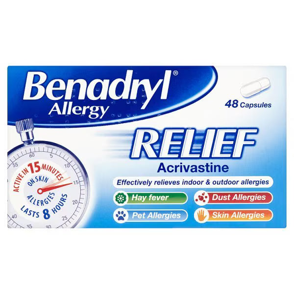 Benadryl Allergy Relief Acrivastine 8mg Capsules - 48 Capsules