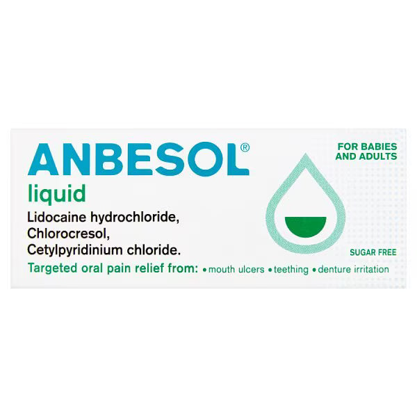 Anbesol Liquid Lidocaine Oral Pain Relief for Mouth Ulcers, Teething & Dentures - 10ml